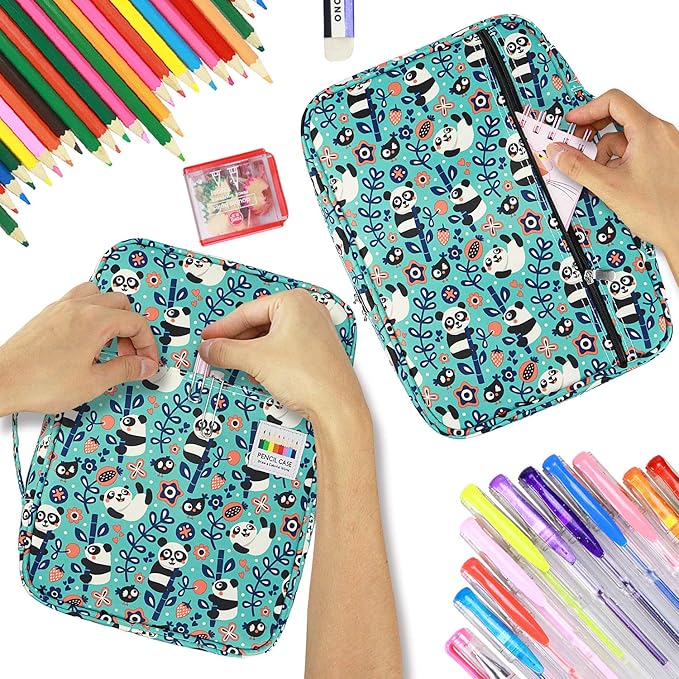YOUSHARES Colored Pencil Case 220 Slots Pen Case Organizer With Handy Wrap & Zipper, Multilayer Holder for Prismacolor Colored Pencils & Gel Pen (Panda)