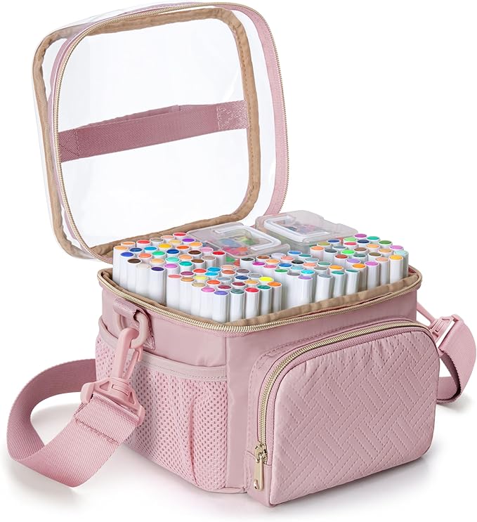 Marker Organizer Case for 100 Markers, Marker Storage Organizer Bag with Divider and Shoulder Strap, Marker Travel Carrying Case with 3 Pockets, Pink (Patented Design)