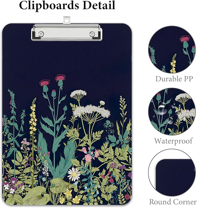 Rimilak Plastic Clipboards with Metal Clip, A4 Letter Size 9 x 12.5 in, Office Decorative for Students Women Men and Kids, Cute Custom Pattern, Night Flower