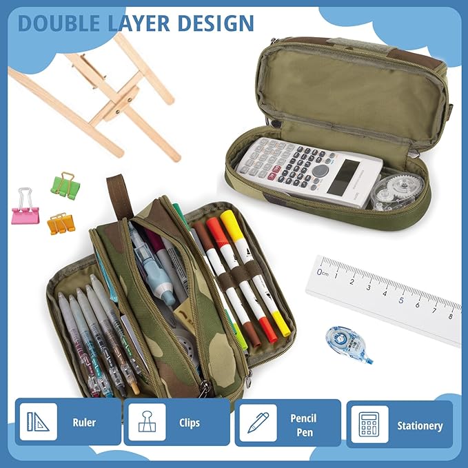 ATRIPACK Tactical 4 Compartments Pencil Case for Boys,Big Canvas Pen Pouch Bag, Large Capacity Pen Box, Tool Bag for Middle School College Office Organizer for Kids Men Women Adult Teens