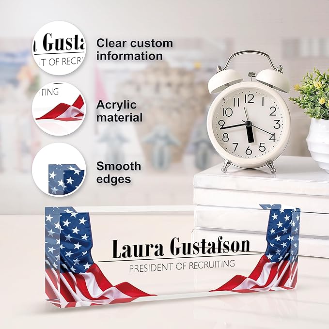 Desk Name Plate Personalized Name Plate for Desk, Office Desk Decor, 3D Style Personalized Plaque Name Plates for Desks Custom Appreciation Gifts for Boss Lady Employee Coworkers (USA Flag)