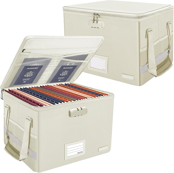 ENGPOW File Box with Lock,Fireproof Document Box with Zipper Lid,Collapsible File Storage Organizer Filing Cabinet with Handles,Portable Home Office Safe for Hanging Letter/Legal Folders,Beige,2 Pack