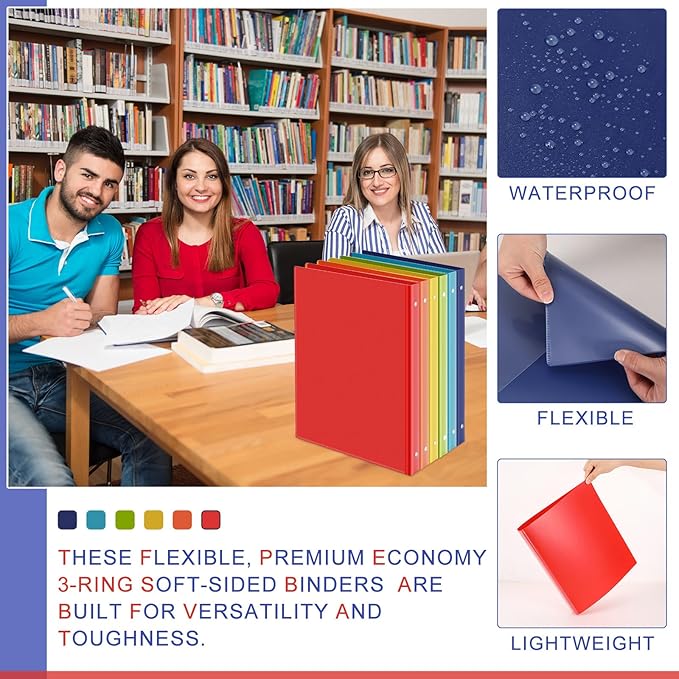 Fulmoon 48 Pack 3 Ring Plastic Binders 1 Inch Bulk with 2 Pockets, Flexible Binder Loose Leaf Hardcover, Fit 12" x 10" US Letter Size Paper, for School Office Home, 6 Colors(Vibrant)