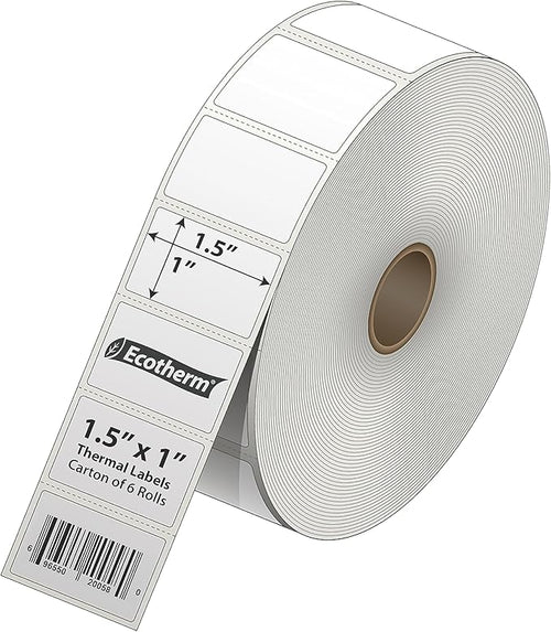 1.5" x 1" Thermal Labels | 6 Rolls | 11400 Labels | fits Zebra, Godex, Arkscan, iDPRT, Offnova Thermal Label Printers and More | Blank White Adhesive Stickers by Ecotherm