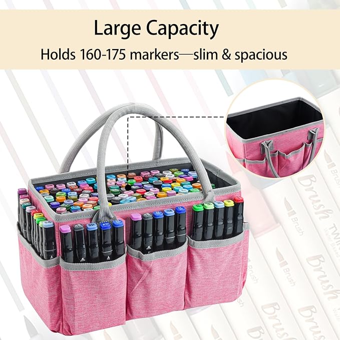 Marker Organizer Bag with Multiple Pockets, Marker Case for Art Storage Paint Markers, Paint Brushes, Coloring Books, Other Art Supplies, Pink