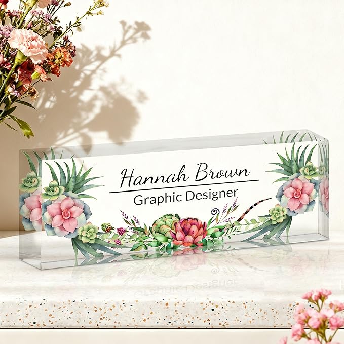 Ship Next Day-Custom Name Plate for Desk, Desk Name Plate Personalized, Acrylic Office Desk Accessories, Appreciation Gifts for Coworkers Employee Teachers Boss Women Men (Succulent Plants)