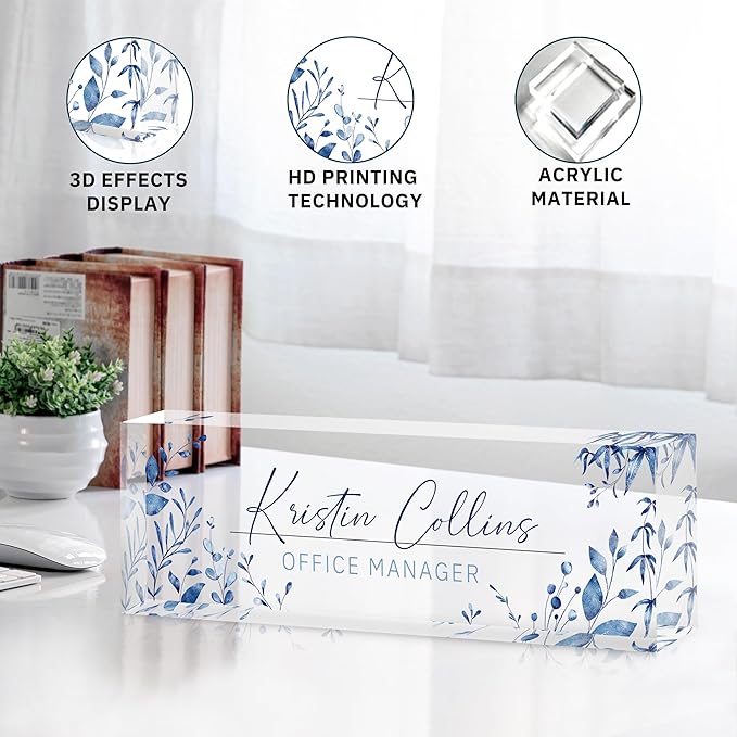 Custom Name Plate for Desk, Personalized Desk Name Plate on Clear Acrylic Glass, Appreciation Gifts for Teacher Employee Boss Coworkers Nurse, Office Desk Accessories for Women Men (Sky Blue)