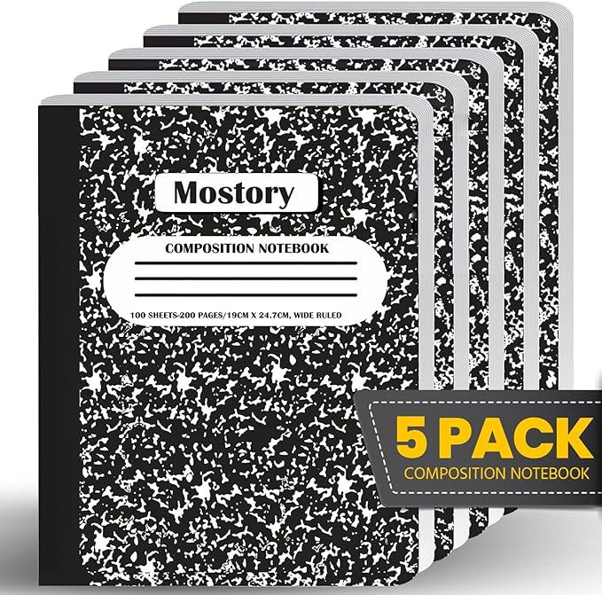 MOSTORY Pack of 5 Composition Notebook - Wide Ruled 200 Pages (100 Sheets), Size 7.5" x 9.75", Bulk School Supplies, Office, Bulk Notebooks for School, Writing Journal Notebook with Lined Paper