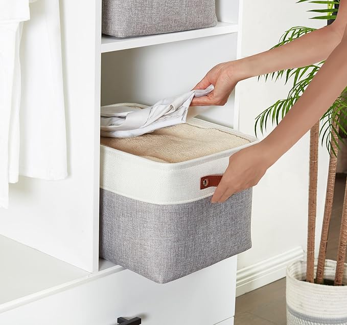 DECOMOMO Storage Baskets for Shelves - Fabric Storage Bins, Linen Closet Organizers and Storage (Grey & White, Large - 4 Pack)