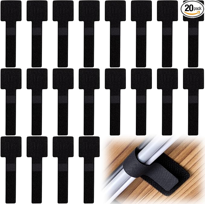 20pcs Hook and Loop Cable Ties, 3.55 Inch Self Adhesive Cable Management Straps for Desktop Network Wires, Adjustable Reusable Appliances Cord Organizer for Office Home Desk - Black