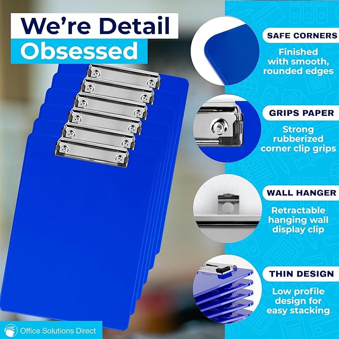 Blue Plastic Clipboard with Low Profile Clip (Pack of 6) - Letter Size Clip Board Blue with Flat Clip, A4 Size Acrylic Clipboard for Boys and Girls | Cute Aesthetic College & Back to School Supplies