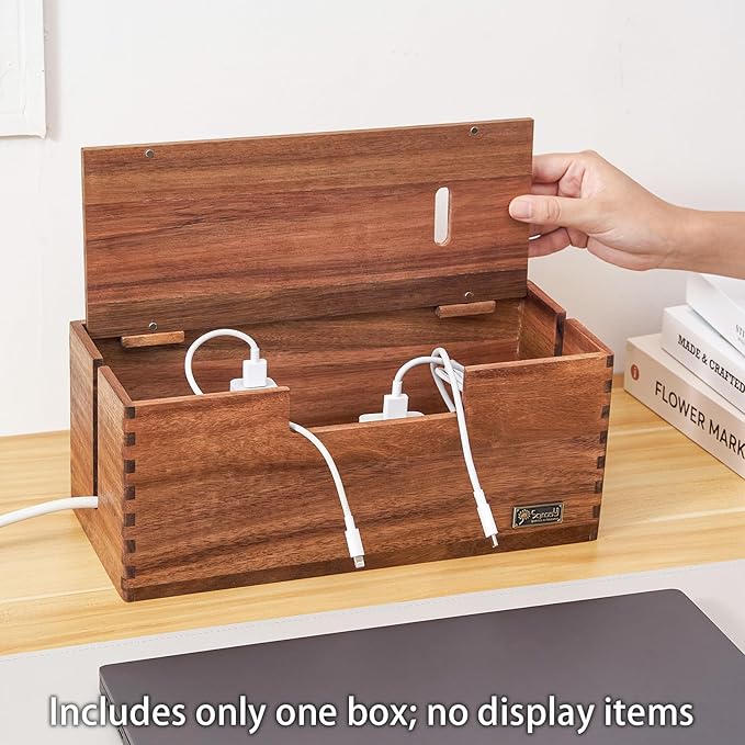 Cable Management Box, Acacia Wood Cord Hider Organizer for Power Strips, TV, Desk & Floor Wires, Under Desk Cable Storage Box for Office & Home
