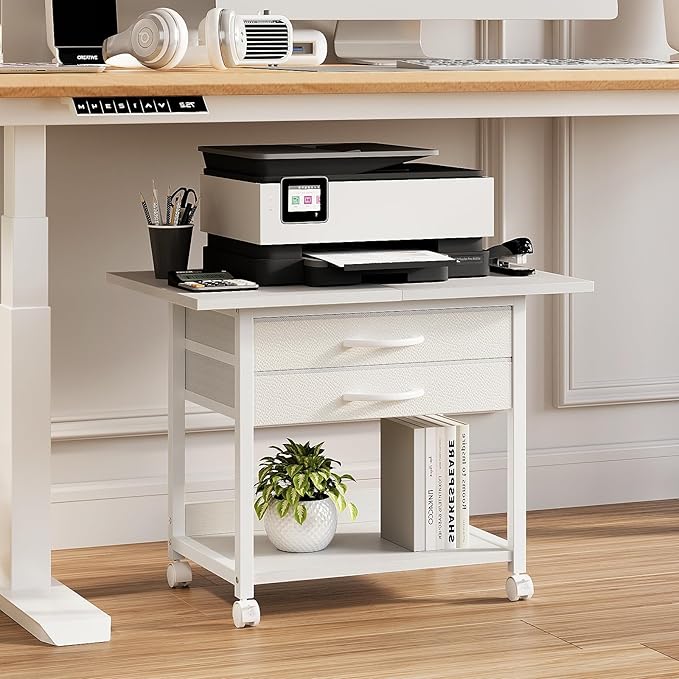 Large Printer Stand with Storage Fabric Drawer Under Desk Printer Table with Wheels for Home Office, Printer Cart fit Fax Machine Scanner 23.4"x15.7" (White, 2 Tiers)