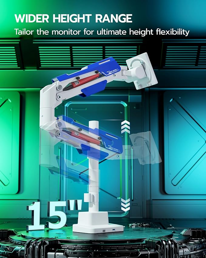 ARES WING CoreArm Single Monitor Mount with USB, Ultrawide Monitor Arm for 24 to 57'' Heavy Duty Curved Screen, Adjustable Gas Spring Monitors Arm Stand up to 66LBS with 75/100/200 Vesa Mount, White