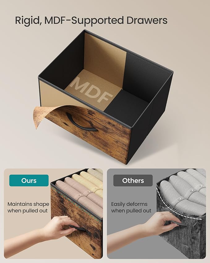 SONGMICS Dresser for Bedroom, Chest of Drawers, Steel, MDF, 5 Non-Woven Fabric Drawers, Storage Organizer Unit, Closet, Entryway, Rustic Brown and Ink Black ULGS322B02S