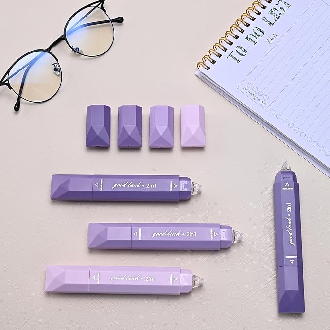 Temiary 4 Pcs 2 in 1 White Correction Tape and Double Sided Roller Set, Aesthetic Smooth Pull Out Tapes with Adhesive Glue Tape Roller Runner for School Office Supplies (Purple)