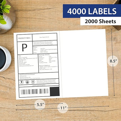 2000 Sheet (4000 Labels) | 8.5" x 11" 2 UP Half Sheet Self Adhesive Shipping Labels for Laser & Inkjet Printers | Ecommerce, Address, Mailing, Labeling, Packaging