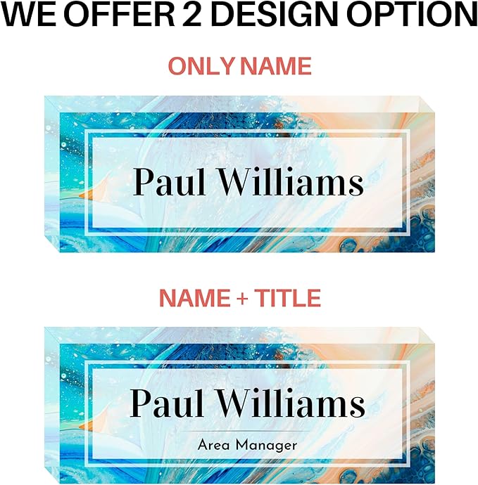 Customized Clear Acrylic Thick 8x3" Acrylic Black - Desk Name Plate Block with Personalized Logo - Professional Office Decor - Customized Acrylic Plate Gift for Teacher Co-workers (Blue-Beige Paint)