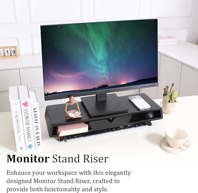 Homerays Monitor Stand with Drawer, Exquisite Computer Monitor Stand for Desk, Ergonomic Wood Monitor Stand Riser for Computer,Laptop,Printer,TV,Bamboo,Black