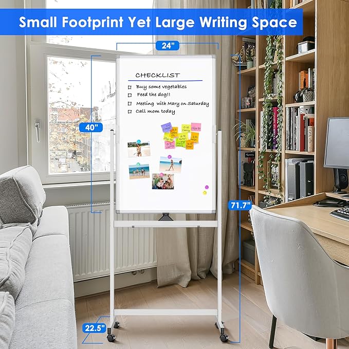 Magnetic Mobile White Board, 40 x 24 Double Sided Dry Erase Board Rolling Whiteboard Aluminum Frame Standing Whiteboard on Wheels