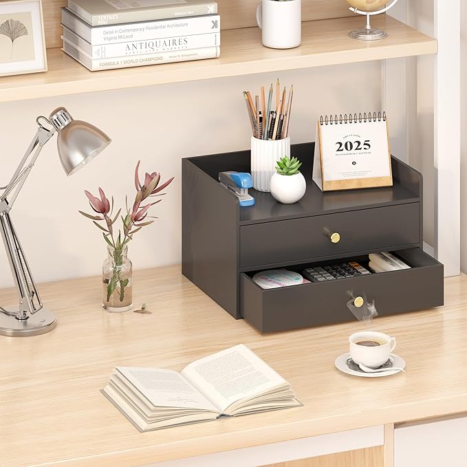 Bamboo Desk Organizer with Drawers Wooden Desktop Storage Organization Box for Bills Office Supplies Kitchen Utensils Organizing Tool for Home Classroom Vanity, No Assembly Required (2 Drawers, Black)