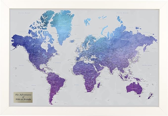 Personalized Vibrant Violet Watercolor World Travel Map with Textured White Frame