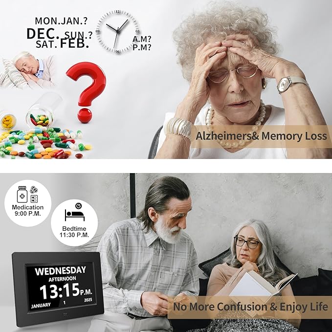 Digtal Clocks with Day and Date of Week for Seniors,12 Alarm Settings, Large Time Display, Auto Dimmable - Perfect for The Elderly