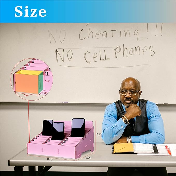 OFCAD 30-Grid Cell Phone Holder with Number Stickers Desktop Organizer Storage Box for Classroom Office(Pink)