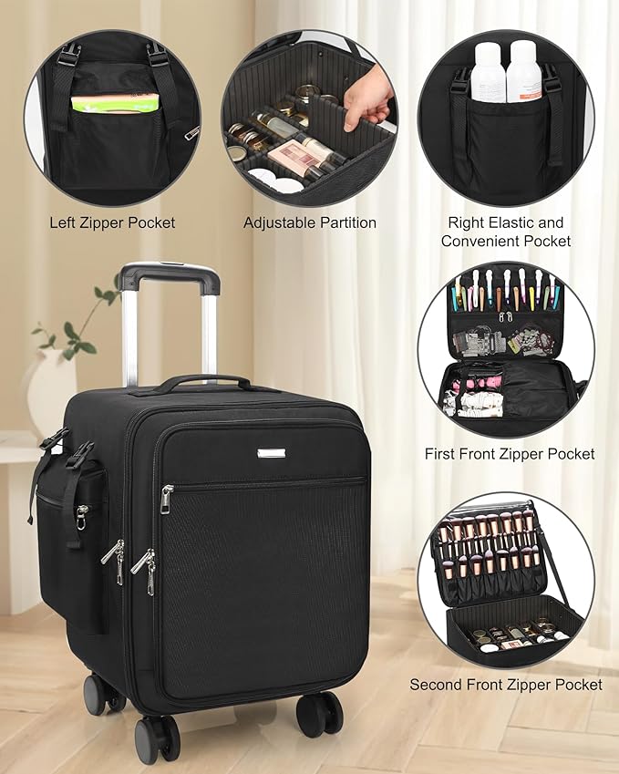 Relavel Rolling Makeup Case Professional Makeup Train Case,Makeup Artist Travel Bag with Wheels,8-in-1 Portable Travel Beauty Trolley Case for Cosmetology Storage(Black)