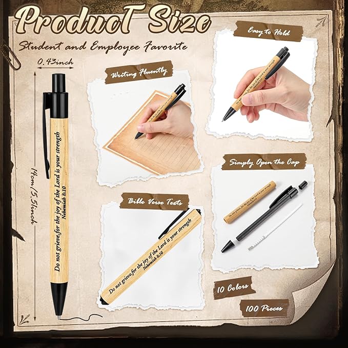 Cholemy 100 Pcs Christian Bible Verse Ink Pens Bamboo Christian Pens Bulk Wooden Inspirational Ballpoint Religious Gifts for Women Colleague Pastor Wife Church(Black)