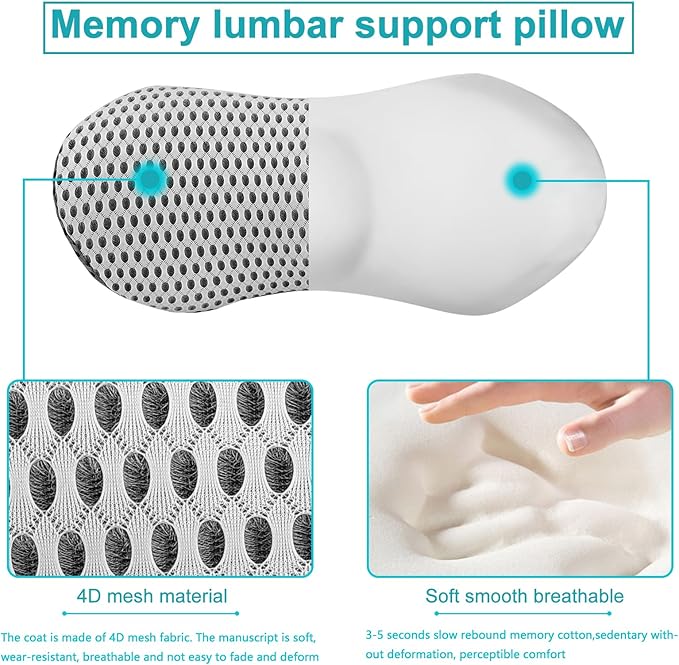 Lumbar Support Pillow with Bandage, Memory Foam pad for Relieving Lower Back Pain, and Back Support pad for Easy Fixation on Office Chair, car, Bed and Other Articles Back Pillow Gray