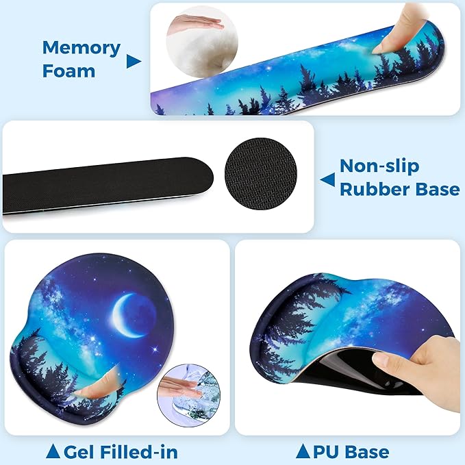 Mouse Pad and Keyboard Wrist Rest Support, with Non-Slip PU Base,Gel Mouse Pad with Coaster,Pain Relief for Gaming, Computer,Office -Forest Moon