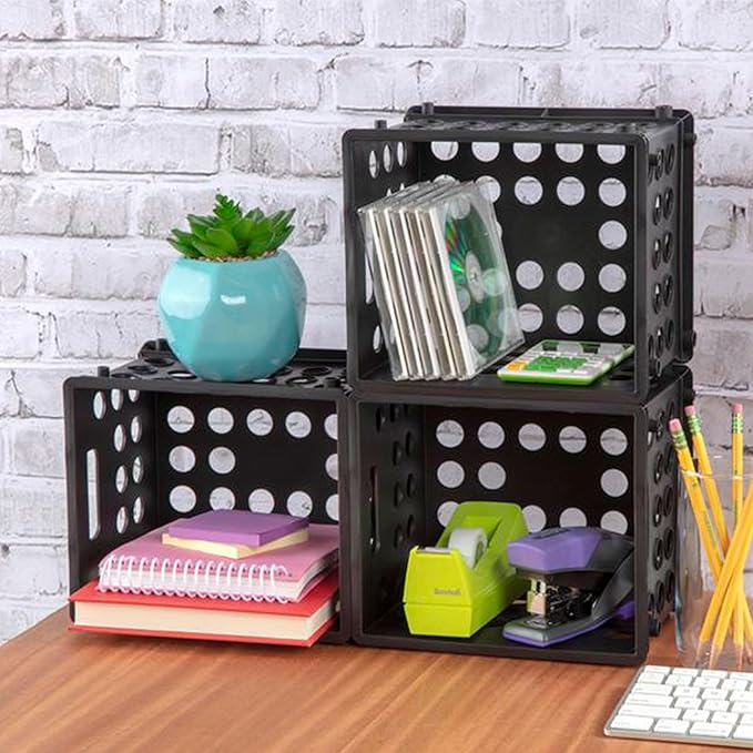 Sterilite Mini Crate, Stackable Plastic Storage Bin with Handles, Organize Home, Garage, Office, School, Dorm Room, Black, 12-Pack