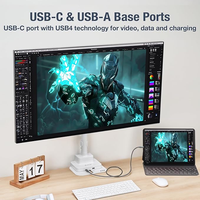 AVLT Single 57 Inch Heavy Duty Monitor Arm Pole Top Mount with USB-C USB-A Ports-White, Height Adjustable, Easy Install Top C-Clamp/Grommet with Reinforcement Plates, VESA Compatible 200/100/75