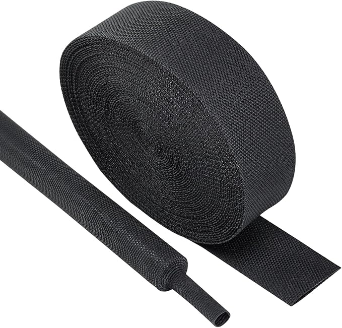 Black 2:1 Ratio Automotive Heat Shrink Braided Sleeving,Wear-Resistant Flat Woven Shrinkable Sleeve Fabric Car Cable Wires Hoses Protection (1"-35ft)