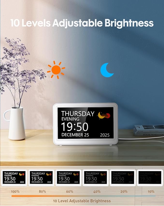 Digital Clock with Date and Week for Seniors, Alzheimer's Dementia Clock with 20 Alarms and 6 Medicine Reminders, 12 Display Modes Large Font Digital Calendar Alarm Clock for Vision Impaired(7 Inch)