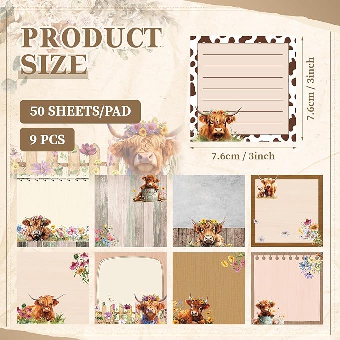 9 Pads Highland Cow Sticky Notes 3x3 Inch Cute Self Stick Notepads Notes Adhesive Memo Pad Office Decor Gifts for Students School Teacher Meeting Office Supplies