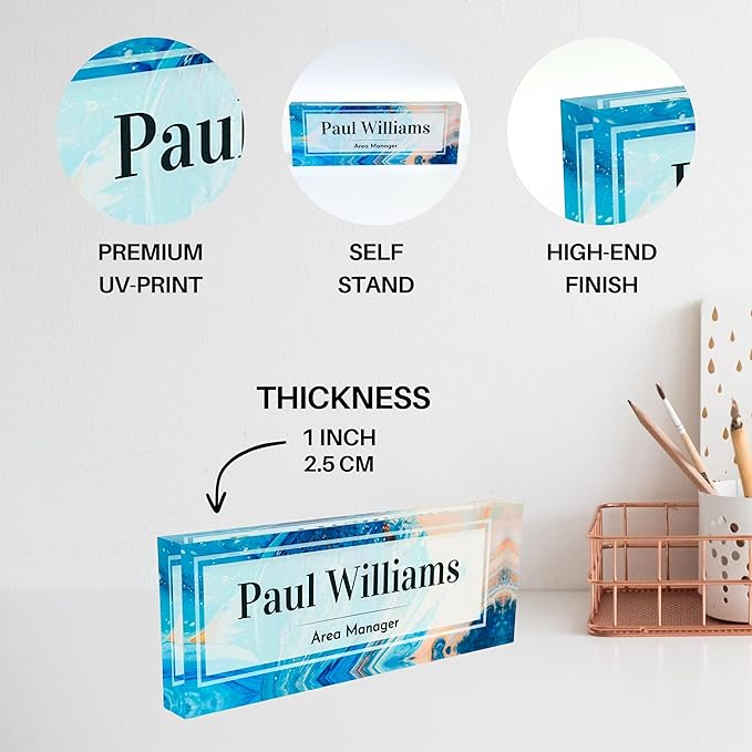Customized Clear Acrylic Thick 8x3" Acrylic Black - Desk Name Plate Block with Personalized Logo - Professional Office Decor - Customized Acrylic Plate Gift for Teacher Co-workers (Blue-Beige Paint)