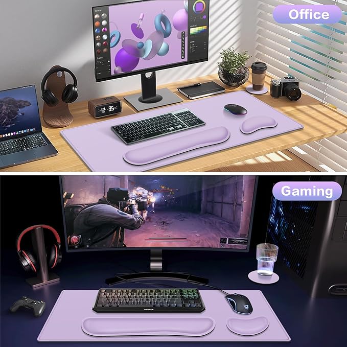 Desk Mat Purple, Large Gaming Mouse Pad with Wrist Rest, 4in1 XXL Mousepad+Keyboard Wrist Rest+Mouse Pad Wrist Support+Cup Coaster Set Ergonomic Computer Desk Arm Wrist for Decor Home Office Women