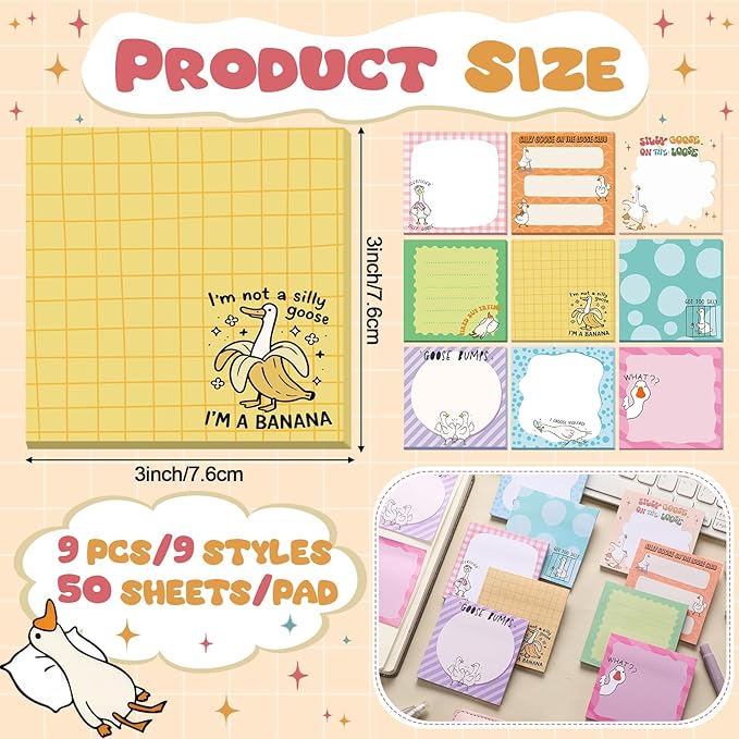 9 Pads Goose Sticky Notes Cartoon Self Stick Notepads 3x3 Inches Notes Adhesive Memo Pad Office Decor Gifts for Students School Teacher Office Meeting