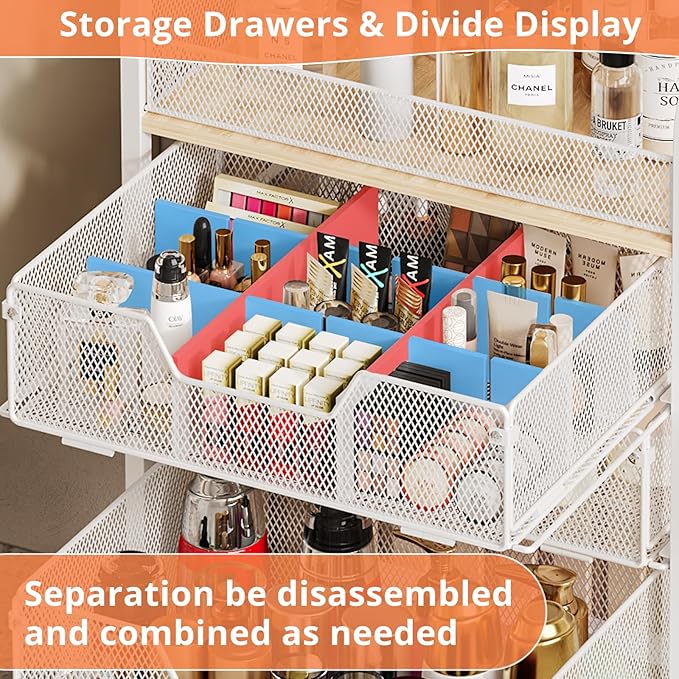 4-Tier Rolling Utility Cart with 3 Drawers - White Craft Organizers and Storage with DIY Dividers, Under Desk Art Supply Storage Organizer with 360° Lockable Wheels for Brushes Artifacts Small Parts