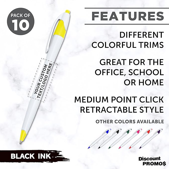 DISCOUNT PROMOS Custom Slim Curvy Ballpoint Pens Set of 10, Personalized Bulk Pack - Black Ink, Retractable, Great for Office, School, Tradeshows - Yellow