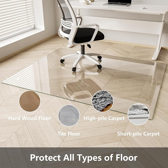 Koonmi Chair Mat for Carpet, Tempered Glass 44"x58" Office Chair Mat, Glass Floor Mat for Office Chair with Rounded and Polished Edges, Ideal for Hardwood Floor, Carpet, Office, Desk, Rolling Chair