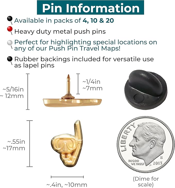 Snorkel Push Pins - Gold Snorkel Map Pins for Cork Boards, Maps, or Lapel Use - Designed in USA - Set of 4