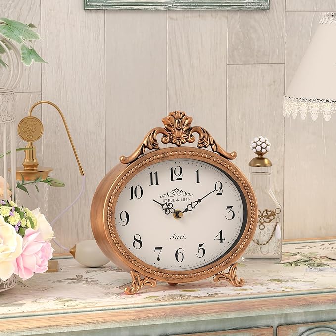 Abdurey Vintage Table Clock on Stand,Desk and Shelf Decorative Clock,French Rustic Style Mantel Clocks,Metal Frame Antique Gold Finish,Farmhouse,Bedroom, Bedside,Living Room,Gift Clocks