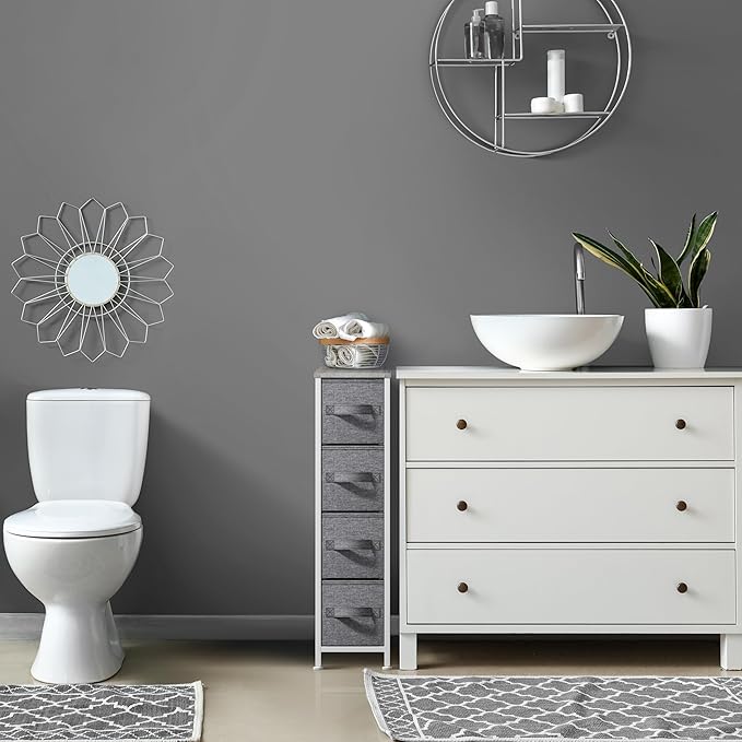 Sorbus Narrow Dresser with 4 Drawers - Vertical Slim Storage Chest of Drawers with Steel Frame, Wood Top & Easy Pull Fabric Bins for Small Spaces, Closets, Bedroom, Bathroom & Laundry (Gray)