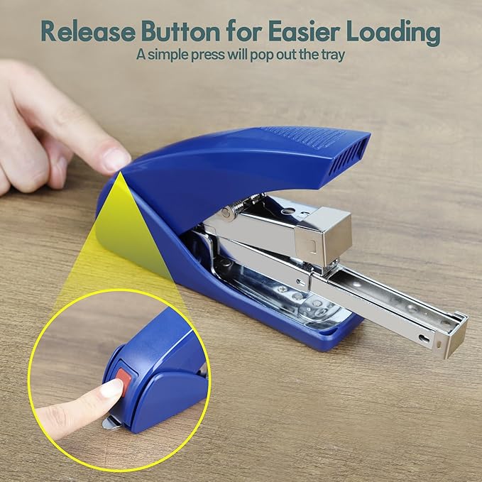 AFMAT Effortless Stapler for Desk, 50 Sheet Capacity, Low Force, Built-in Staple Remover, One Finger Touch Stapling Desktop Stapler, Portable & Space Save Size, Good for Home & Office ES10(Blue)