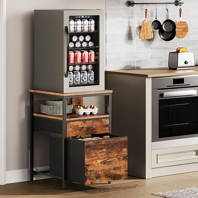 Mini Fridge Stand with 3 Storage, Mini Fridge Cabinet, Beverage Fridge Table, Heavy Duty 18.11" L* 18.11" W Tabletop, for Dorm, Apartment,Office, Bedroom Rustic Brown HB03BXN