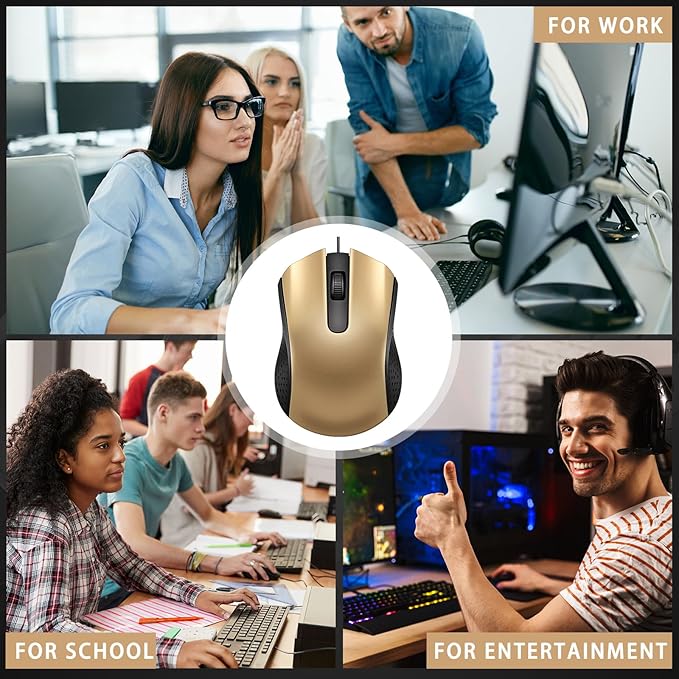 Hoteam 12 Pcs Gold Wired Computer Mouse Bulk Cord USB Computer Mice Ergonomic Wired Mouse for Pcs, Computers, Laptops, Gaming Office Home Supplies