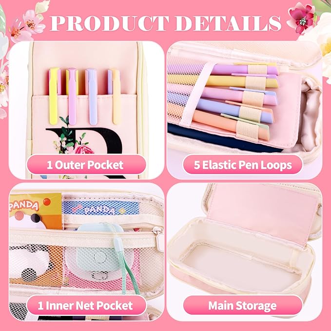 Preppy Pencil Case for Girls, Cute Large Pencil Pouch, Personalized Initial Pencil Bag with Zipper for School College Office Supplies, Back to School Supplies Gifts for Teen Girls (P, Pink)